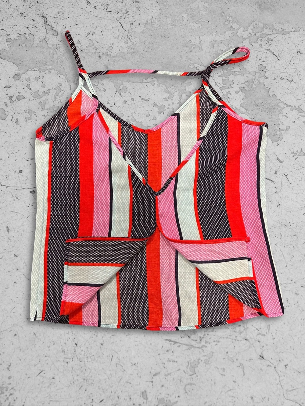Timing Striped V-Neck Spaghetti Strap Tank in Red, Pink & Black